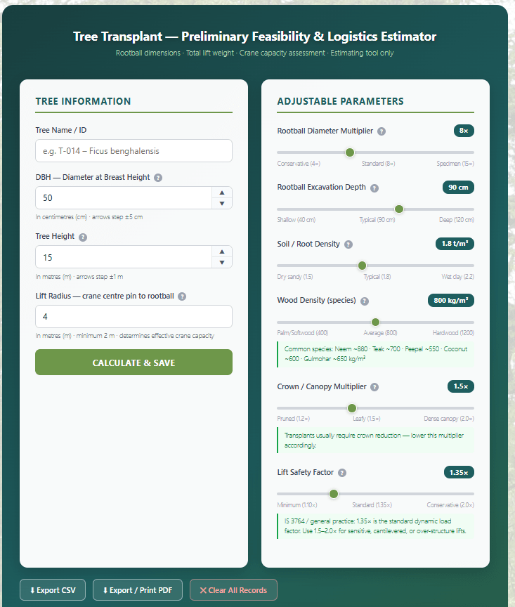 Tree Transplanting — Preliminary Feasibility & Logistics Estimator